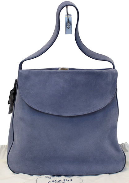 PRADA Vitello Daino Flap Suede Leather Hobo Bag Sky Blue