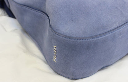 PRADA Vitello Daino Flap Suede Leather Hobo Bag Sky Blue