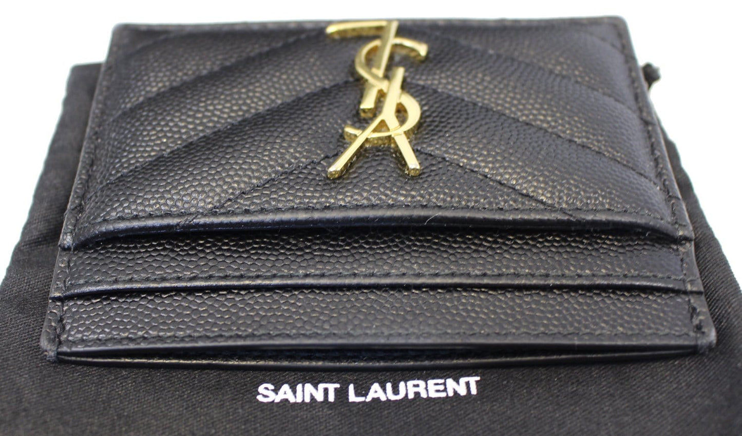 YVES SAINT LAURENT Monogram Card Case Grain Embossed Leather Black