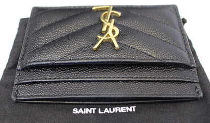 YVES SAINT LAURENT Monogram Card Case Grain Embossed Leather Black