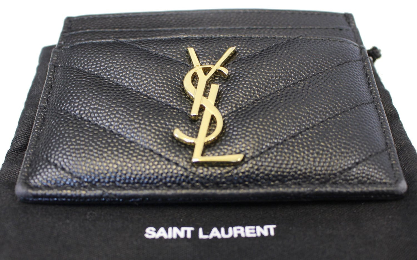 YVES SAINT LAURENT Monogram Card Case Grain Embossed Leather Black