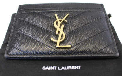 YVES SAINT LAURENT Monogram Card Case Grain Embossed Leather Black