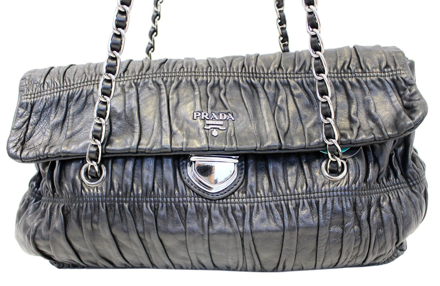 PRADA Black Nappa Leather Gaufre Ruched Flap Shoulder Bag