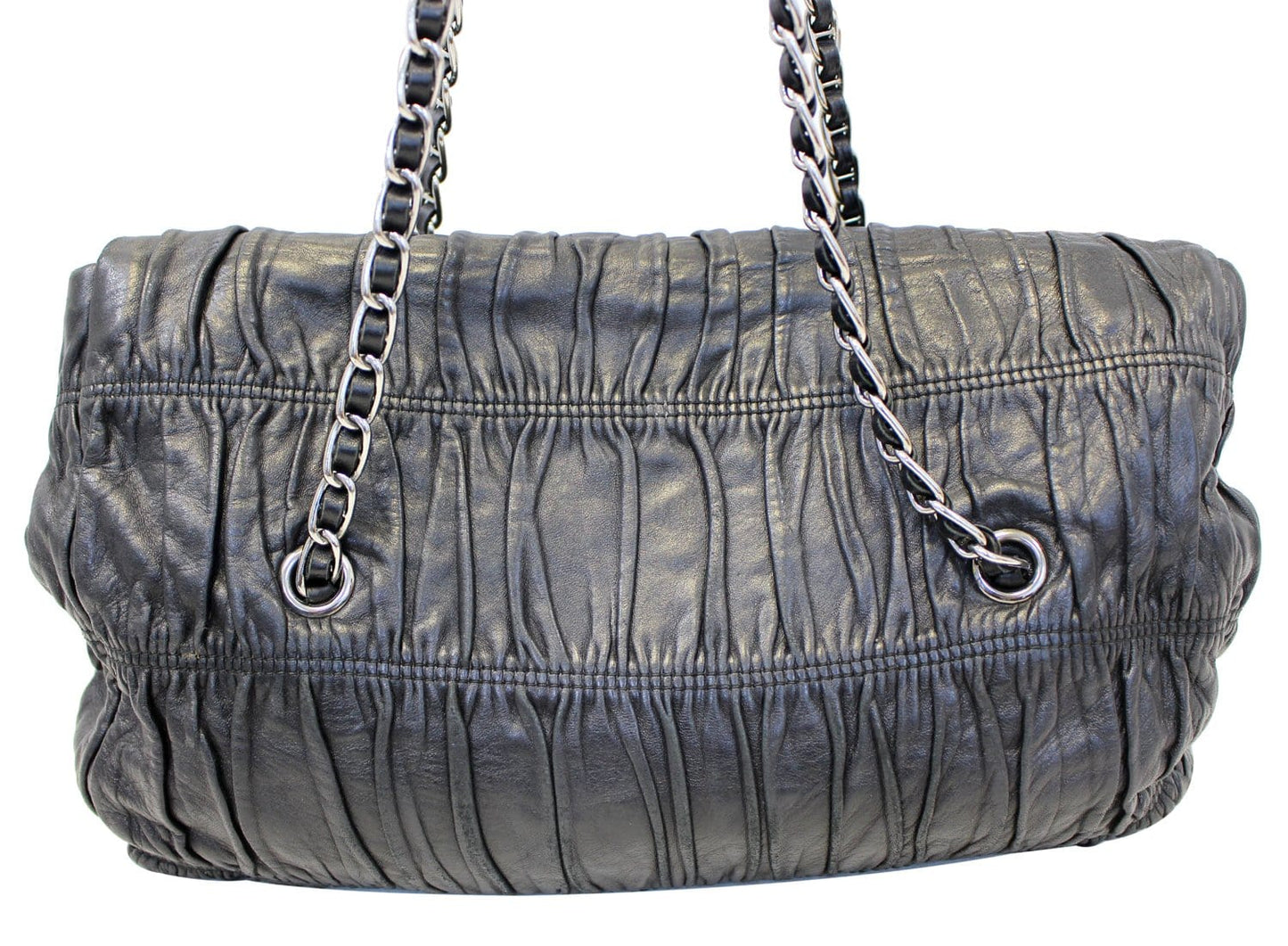 PRADA Black Nappa Leather Gaufre Ruched Flap Shoulder Bag