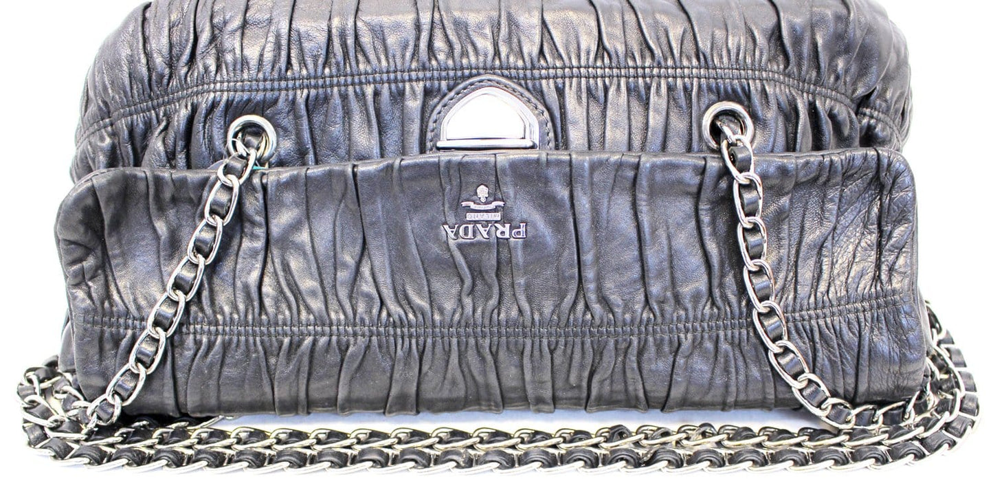 PRADA Black Nappa Leather Gaufre Ruched Flap Shoulder Bag