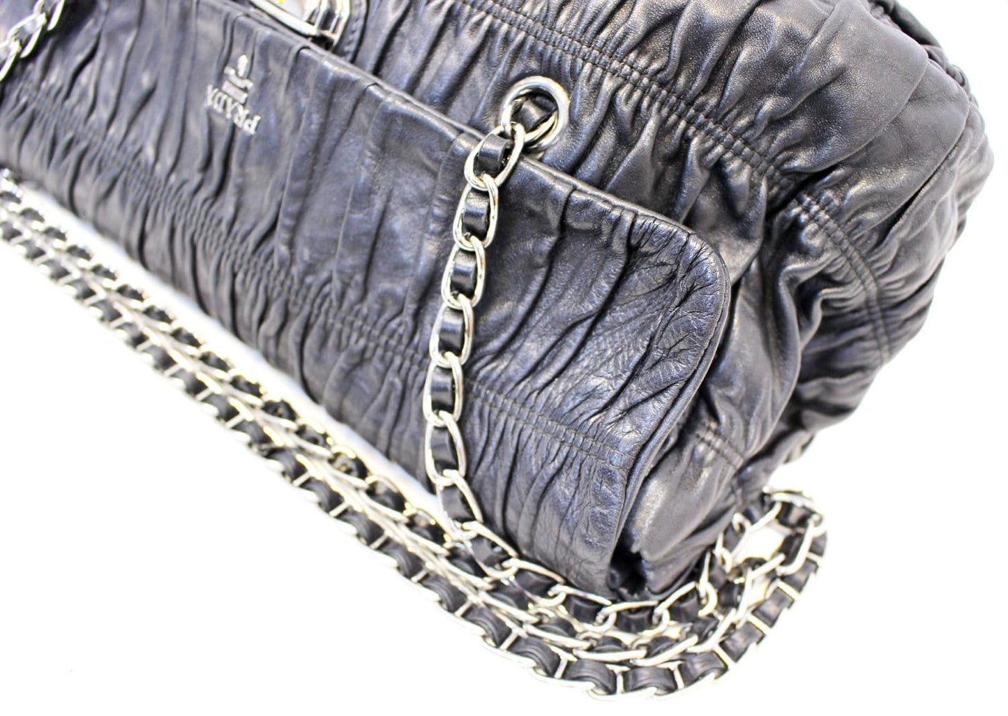 PRADA Black Nappa Leather Gaufre Ruched Flap Shoulder Bag