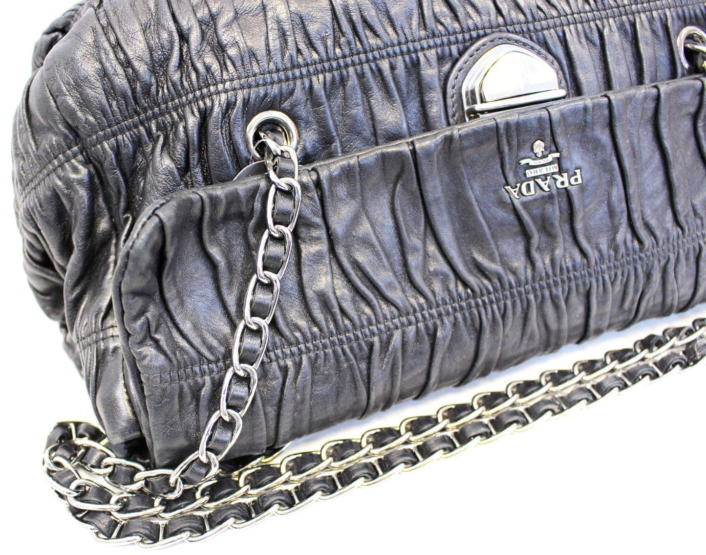 PRADA Black Nappa Leather Gaufre Ruched Flap Shoulder Bag