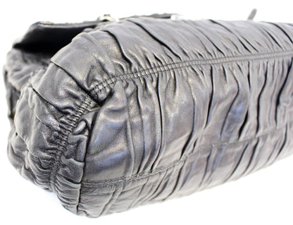 PRADA Black Nappa Leather Gaufre Ruched Flap Shoulder Bag