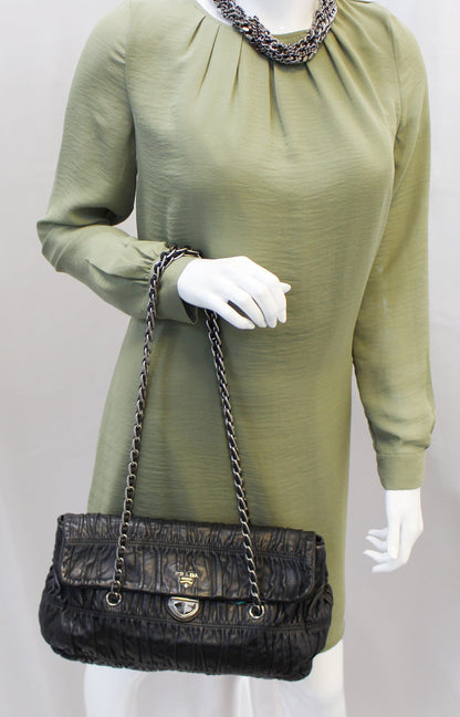 PRADA Black Nappa Leather Gaufre Ruched Flap Shoulder Bag