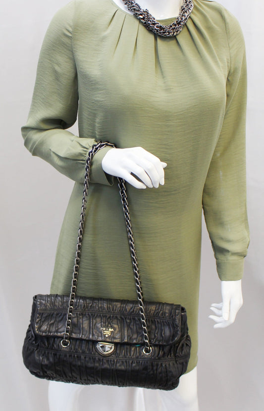 PRADA Black Nappa Leather Gaufre Ruched Flap Shoulder Bag