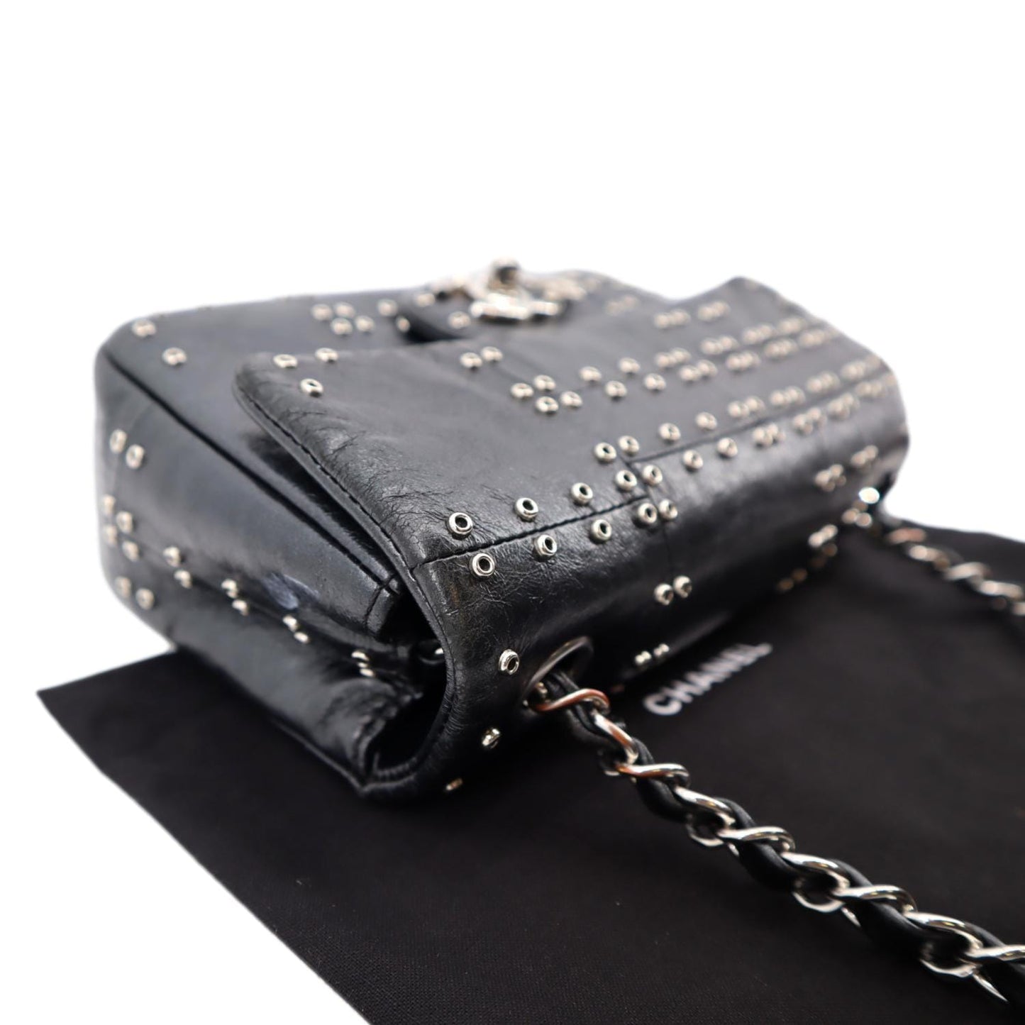 CHANEL Airlines Grommet Studded Leather Shoulder Bag Black