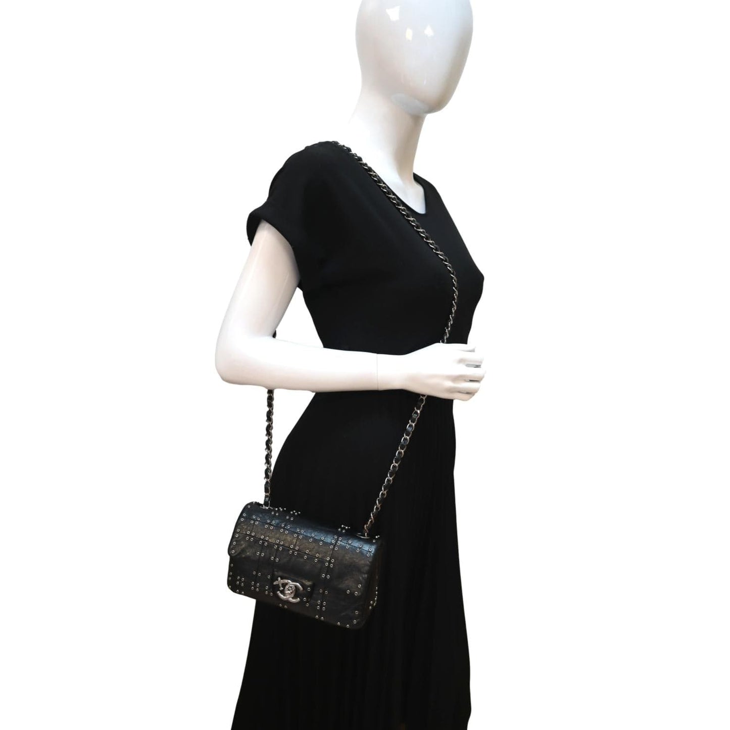 CHANEL Airlines Grommet Studded Leather Shoulder Bag Black