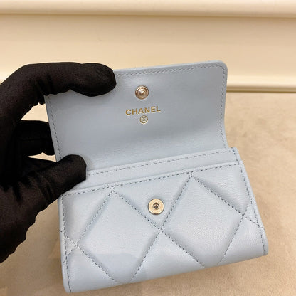 Chanel 19 Quilted Flap Card Holder Blue Lambskin