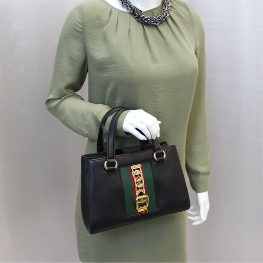 GUCCI Sylvie Small Leather Black Classic Top Handle Satchel Bag 460381