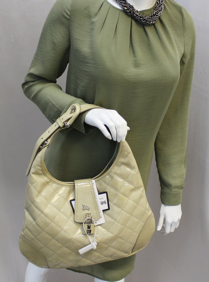 BURBERRY Quilted Patent Leather Brooke Hobo Handbag