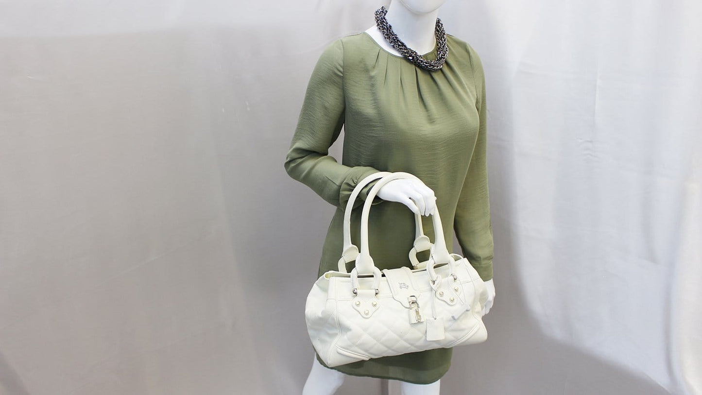 BURBERRY White Quilted Leather Montgomery Satchel Shoulder Bag