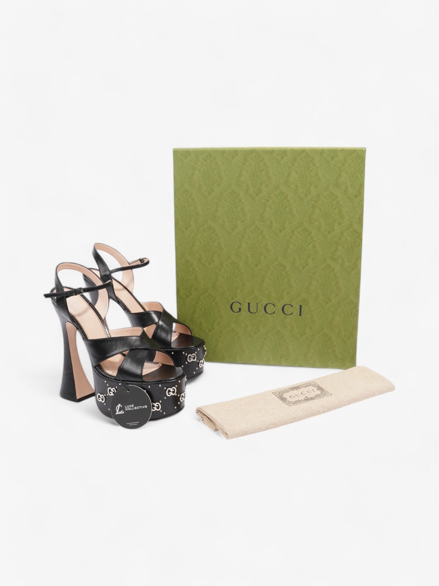 Gucci Interlocking G Stud Platform Heels 160mm Black / Silver Leather EU 39.5 UK 6.5