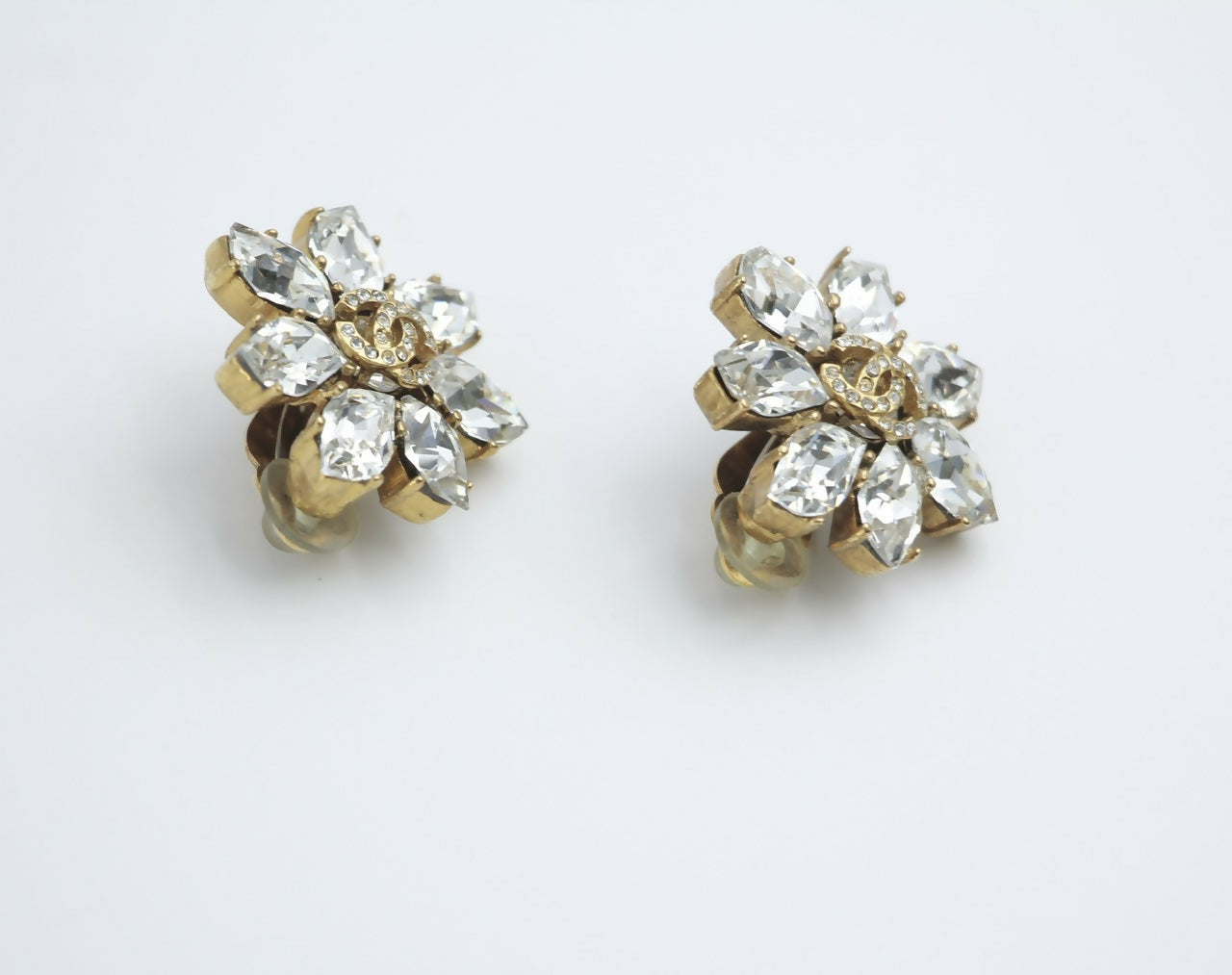 Chanel Vintage 02A Rhinestone Sparkling Ice Crystal Flower Clip-on Earrings