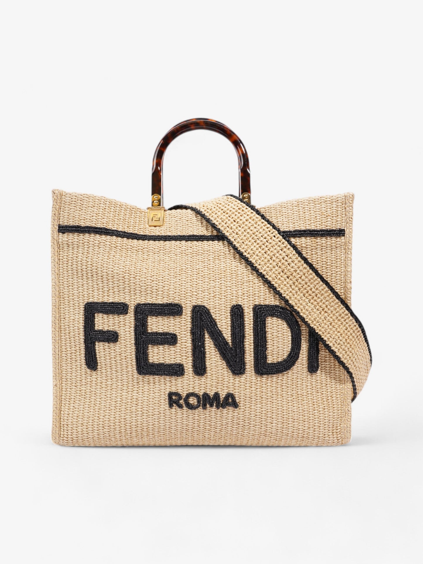 Fendi Sunshine Tote Bag Natural / Black / Brown Wicker