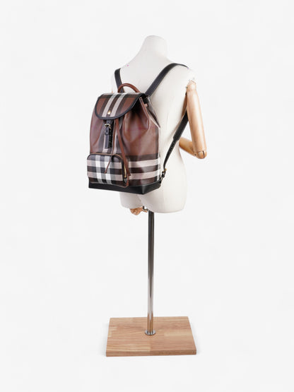 Burberry Check Backpack Dark Birch Brown / Black Coated Canvas Medium