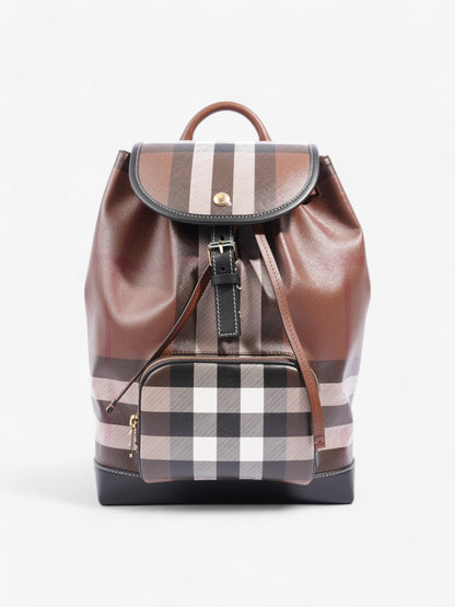 Burberry Check Backpack Dark Birch Brown / Black Coated Canvas Medium