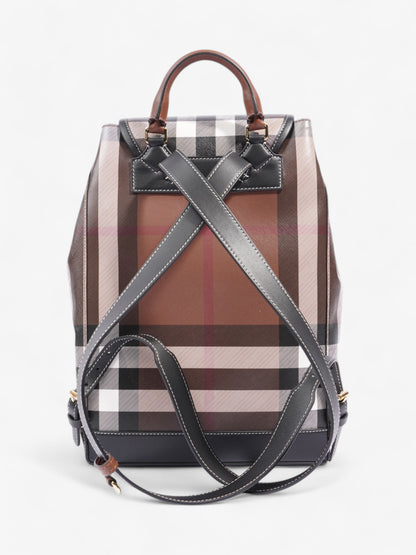 Burberry Check Backpack Dark Birch Brown / Black Coated Canvas Medium
