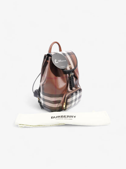 Burberry Check Backpack Dark Birch Brown / Black Coated Canvas Medium
