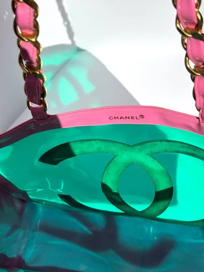 Chanel 1995 Vintage Barbie Pink Patent PVC Chunky Chain Tote Bag