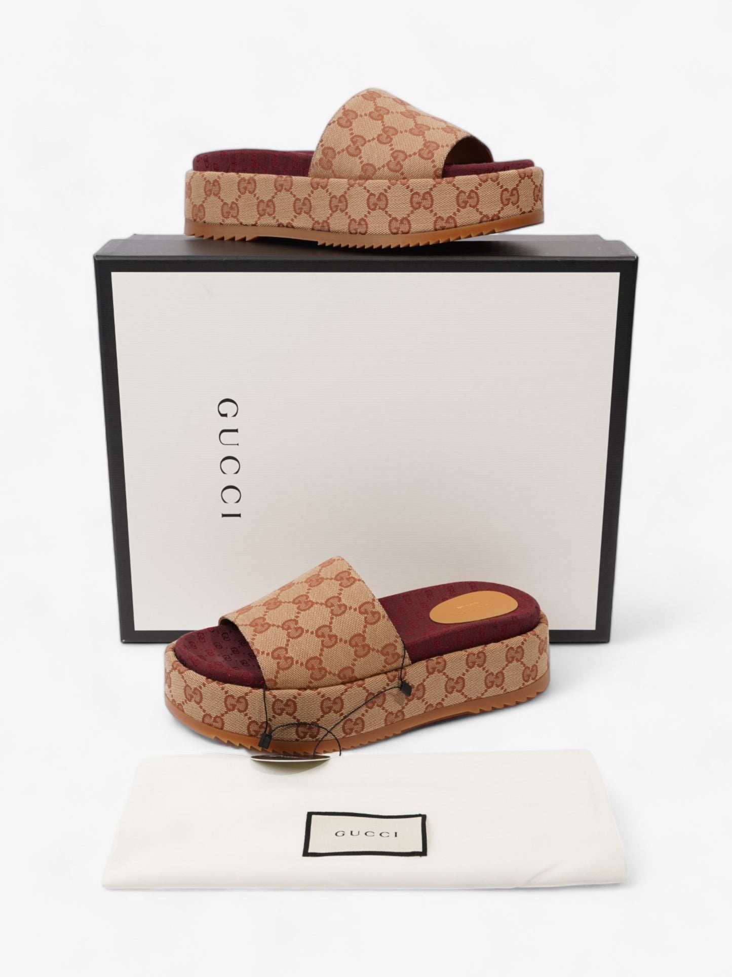 Gucci GG Canvas Platform Sandal Gold / Burgundy Canvas EU 38 UK 5