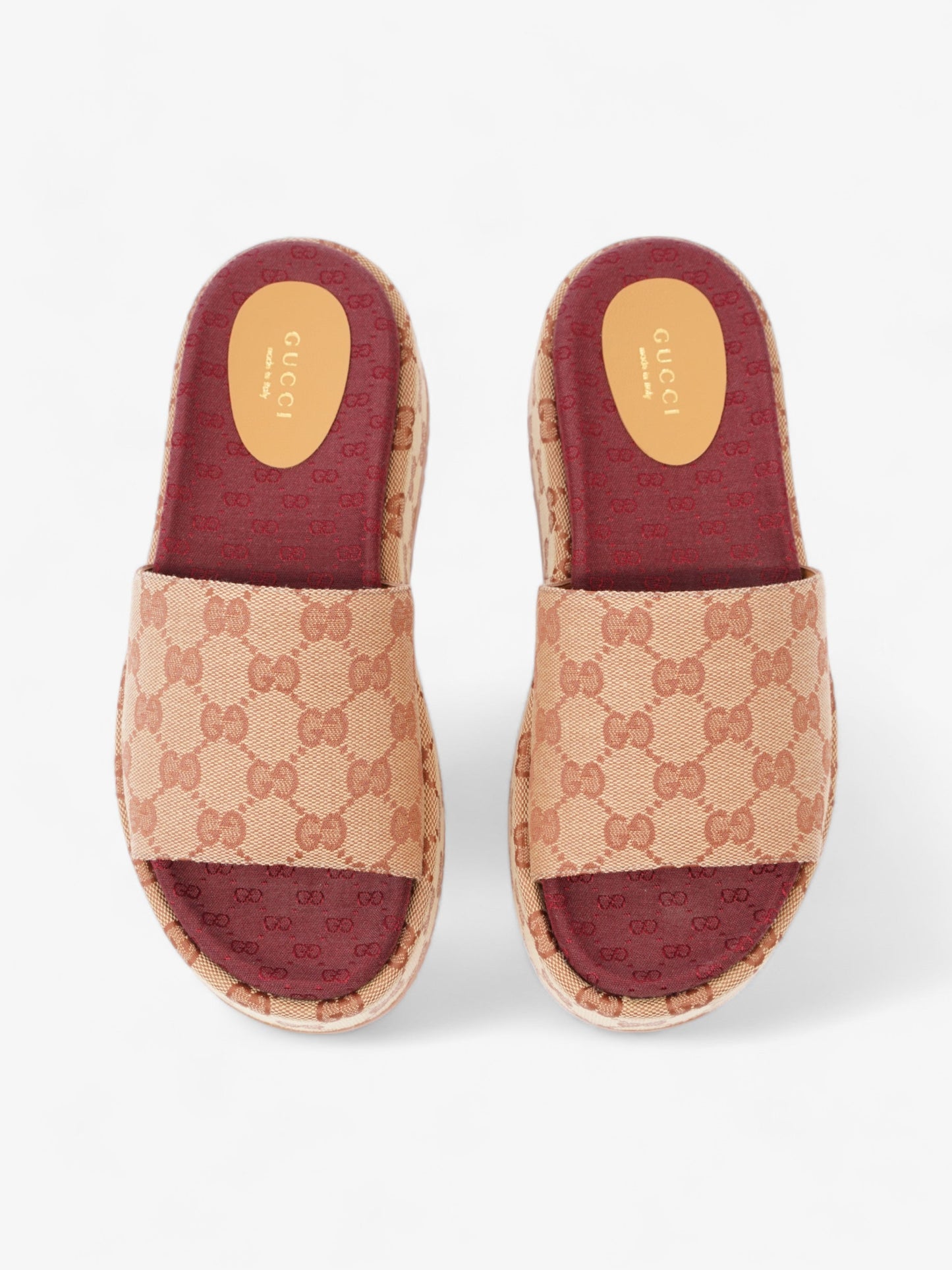 Gucci GG Canvas Platform Sandal Gold / Burgundy Canvas EU 38 UK 5