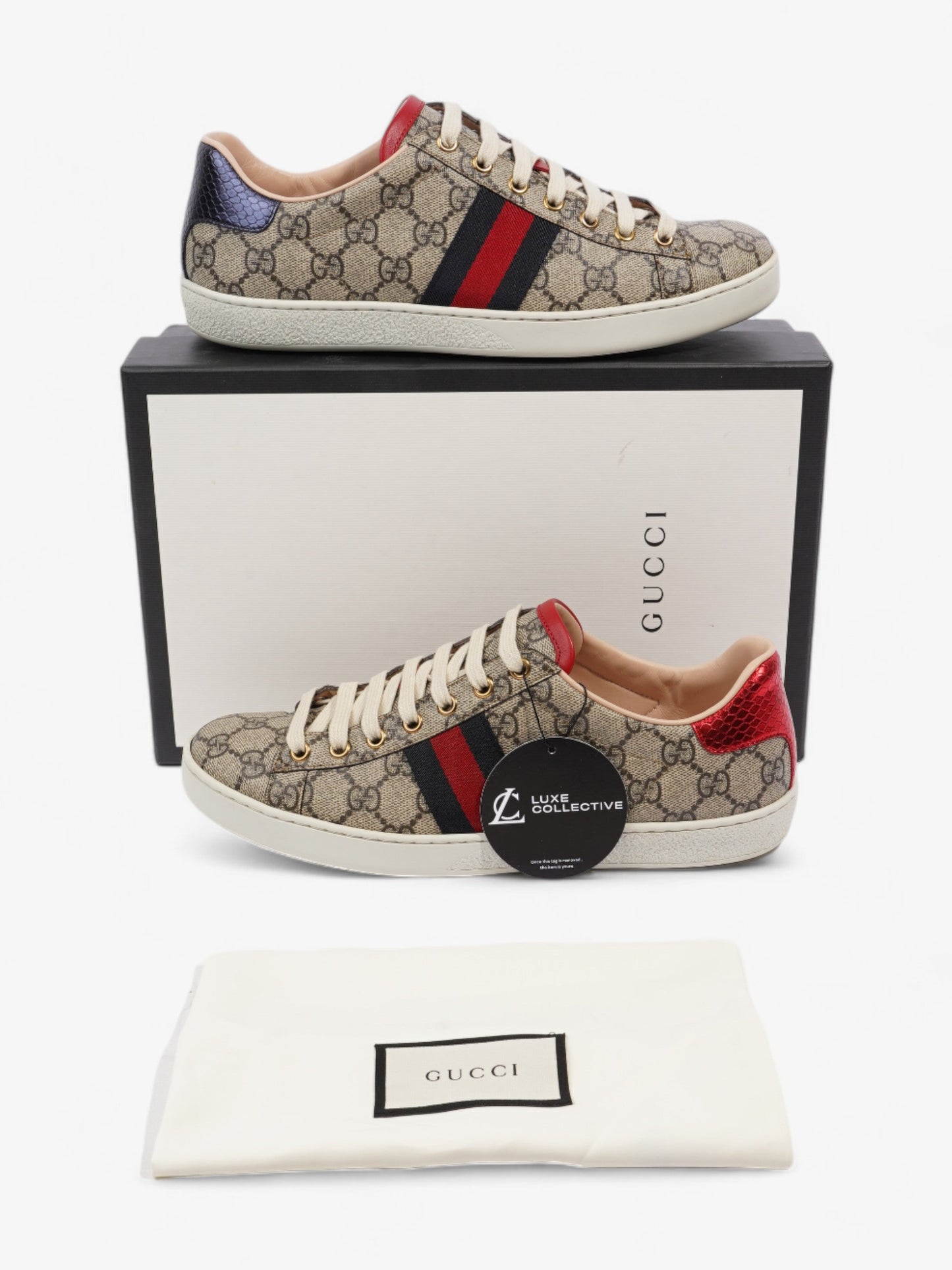 Gucci Ace Supreme GG Sneakers Beige Monogram / Red / Navy Canvas EU 39.5 UK 6.5