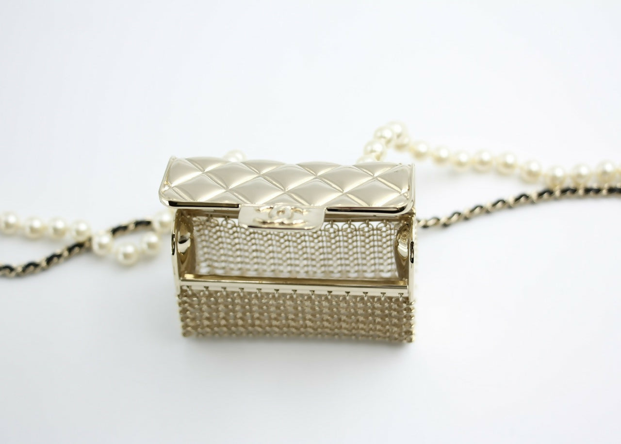 Chanel B21S Imitation Pearl Charm Mini Flap Handbag Leather Chain Long Necklace