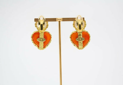 Chanel Vintage 1991 Gripoix Orange Heart Imitation Pearl Clip-on Earrings