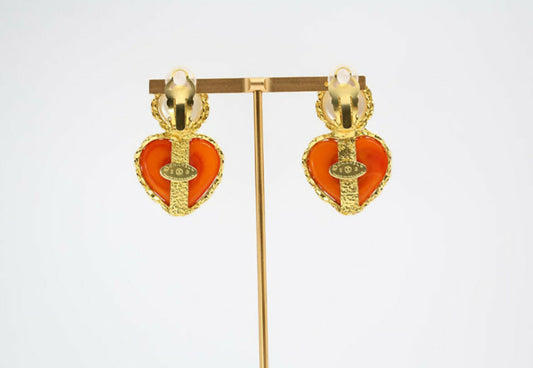 Chanel Vintage 1991 Gripoix Orange Heart Imitation Pearl Clip-on Earrings