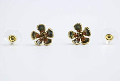 Chanel Vintage 03P Gold-plated Emerald Green and Red Flower Stud Earrings