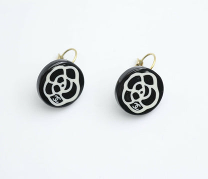 Chanel Vintage 03P Resin Black and White Camellia Button Hoop Earrings