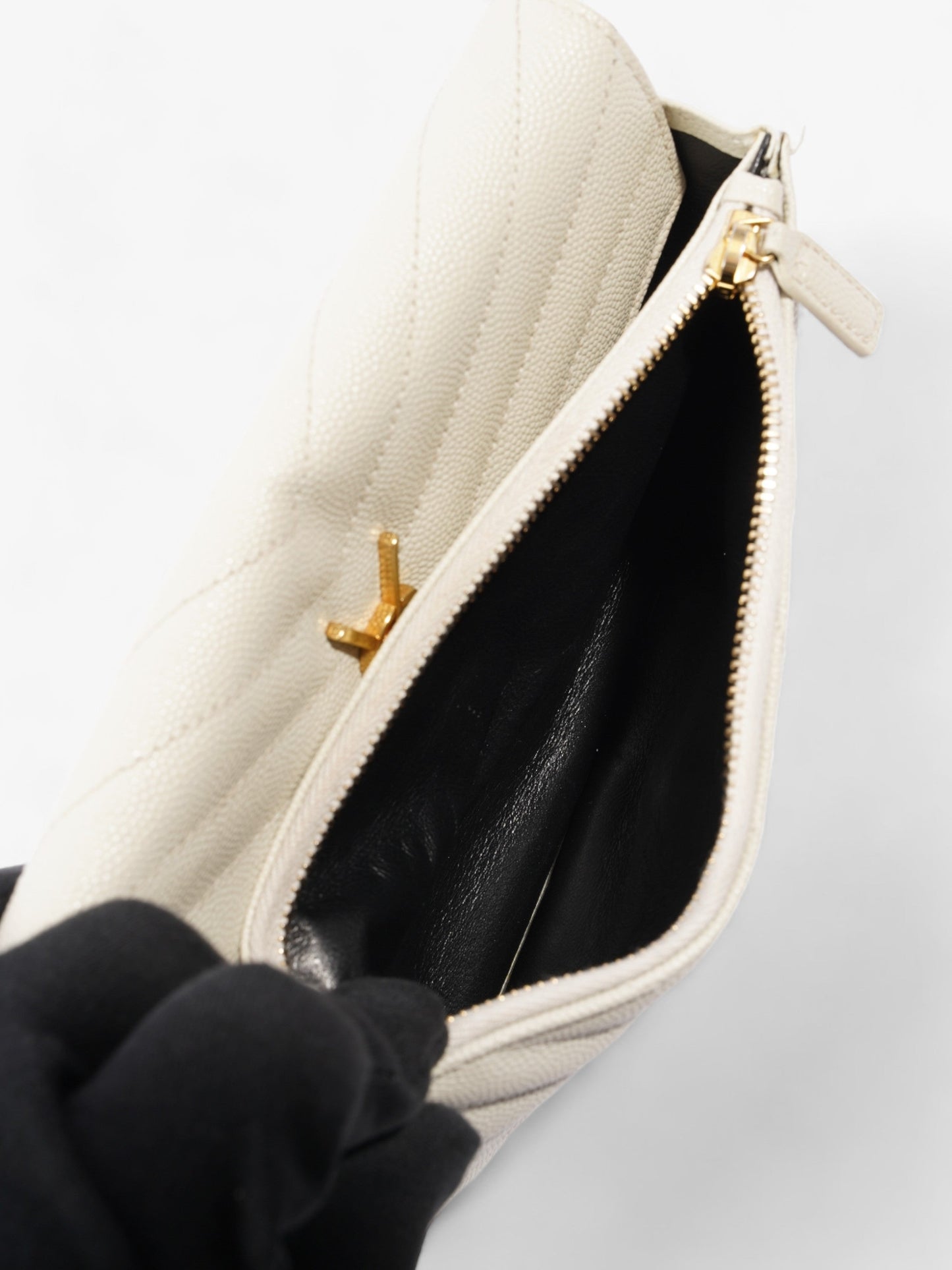 Saint Laurent Cassandra Envelope Chain Wallet Cream Grained Leather