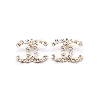 Chanel Crystal Pearl Hoop Earrings CC Gold 2019