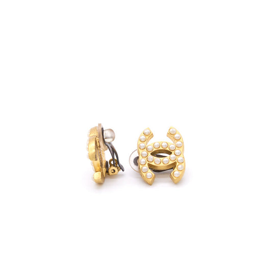 Chanel Vintage CC Faux Pearl Gold Tone Clip-On Earrings