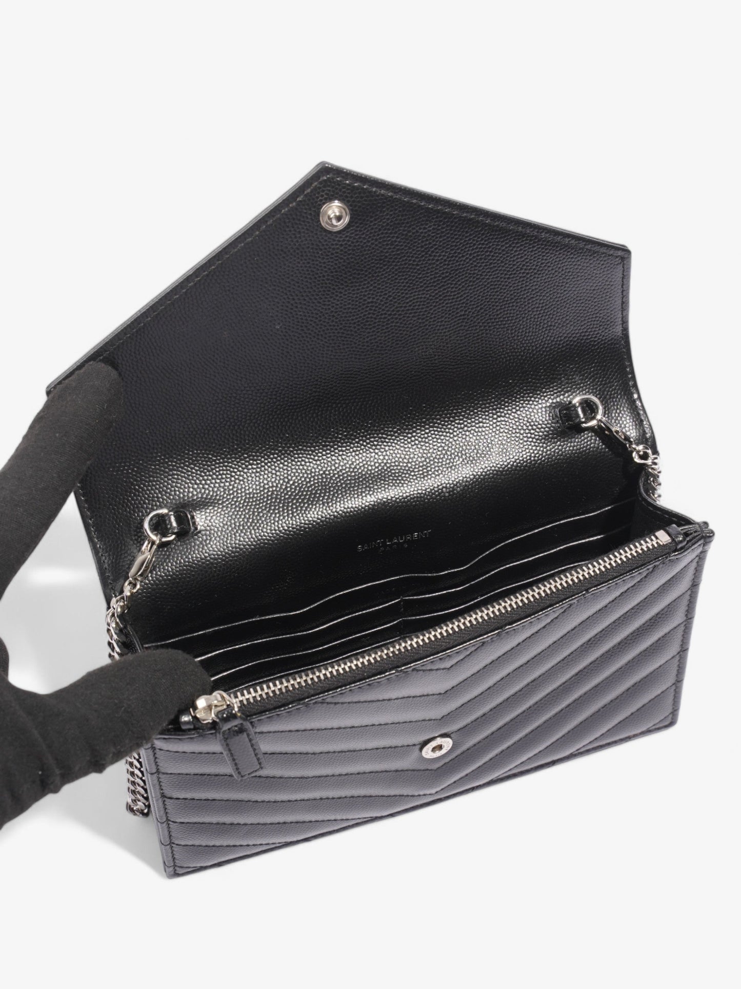 Saint Laurent Cassandre Envelope Chain Wallet Black Matelasse Leather