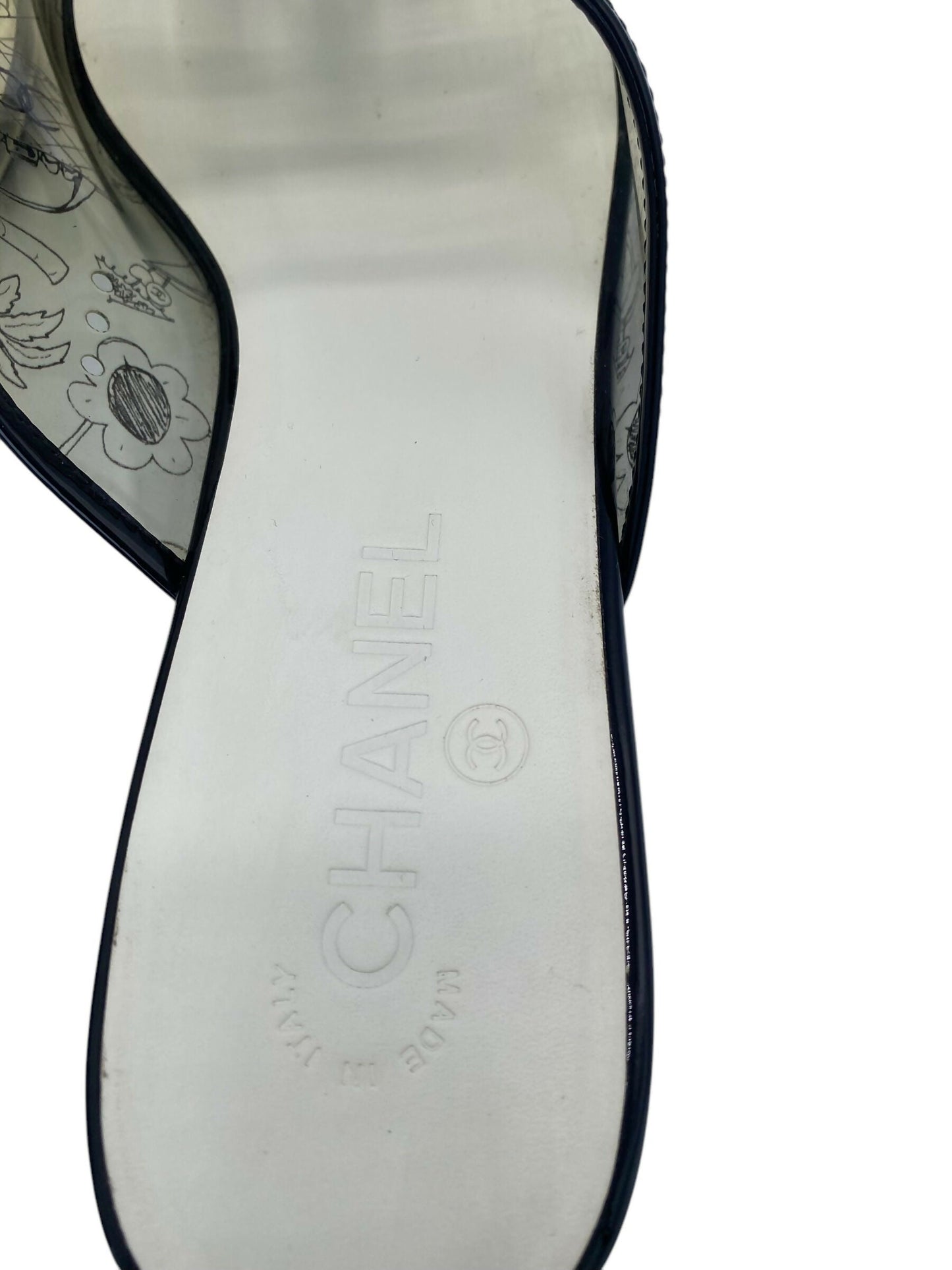 Rare Chanel PVC Black Patent Leather CC Logos Flat Slide Sandals EU 39.5C