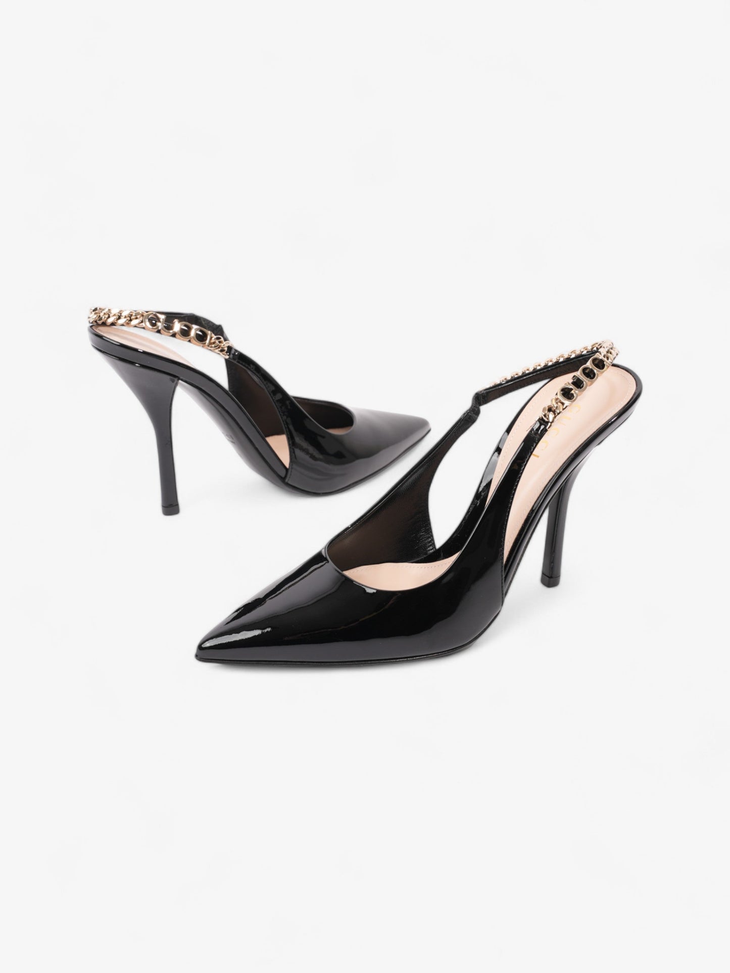 Gucci Vernice Crystal Heels 100mm Black / Gold Nappa Leather EU 37 UK 4