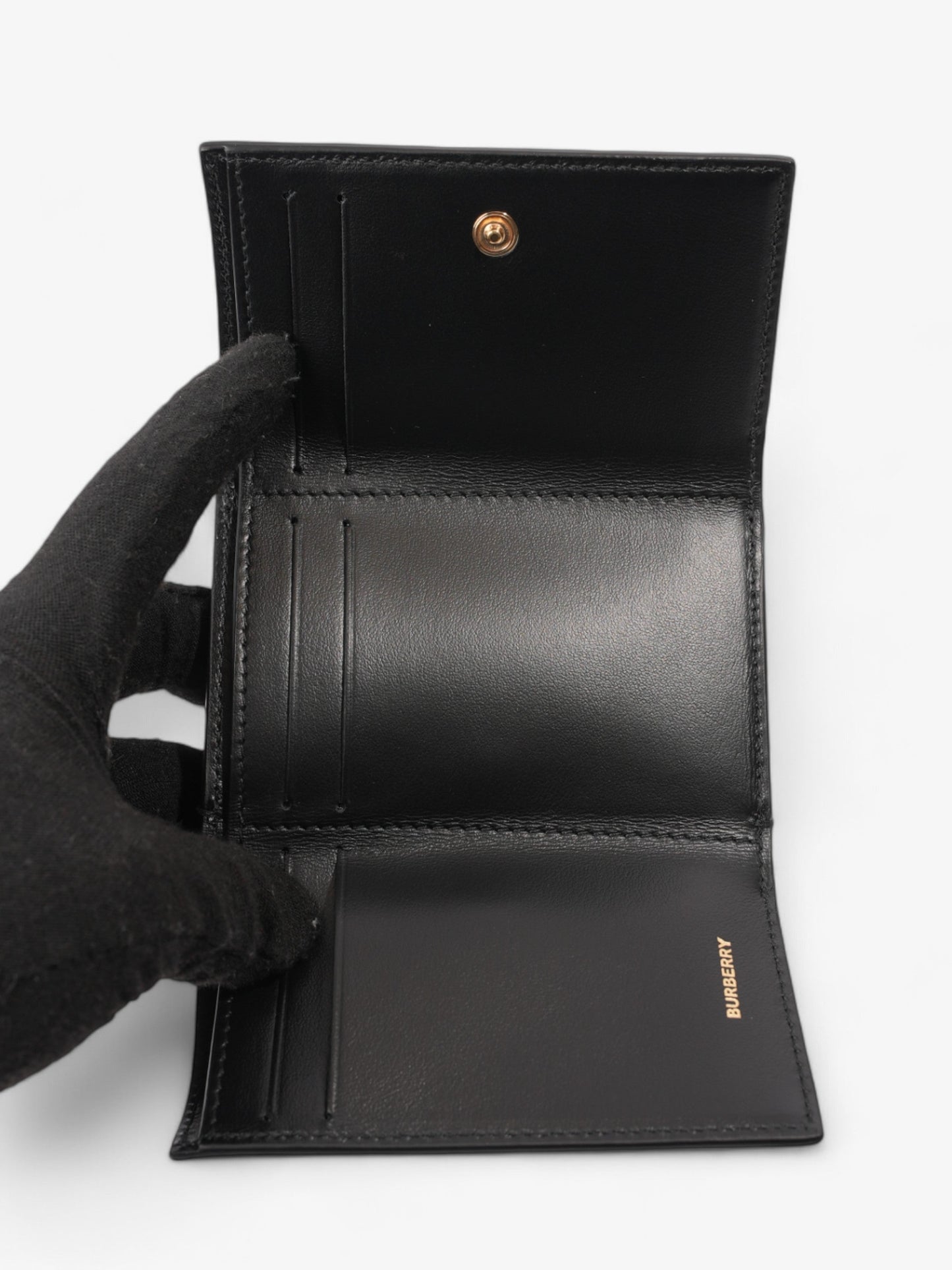 Burberry TB Compact Wallet Black / Gold Calfskin Leather