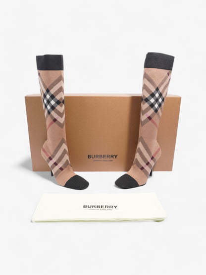 Burberry Vintage Check Sock Knee Boots 105 Brown / Black / White Fabric EU 37 UK 4
