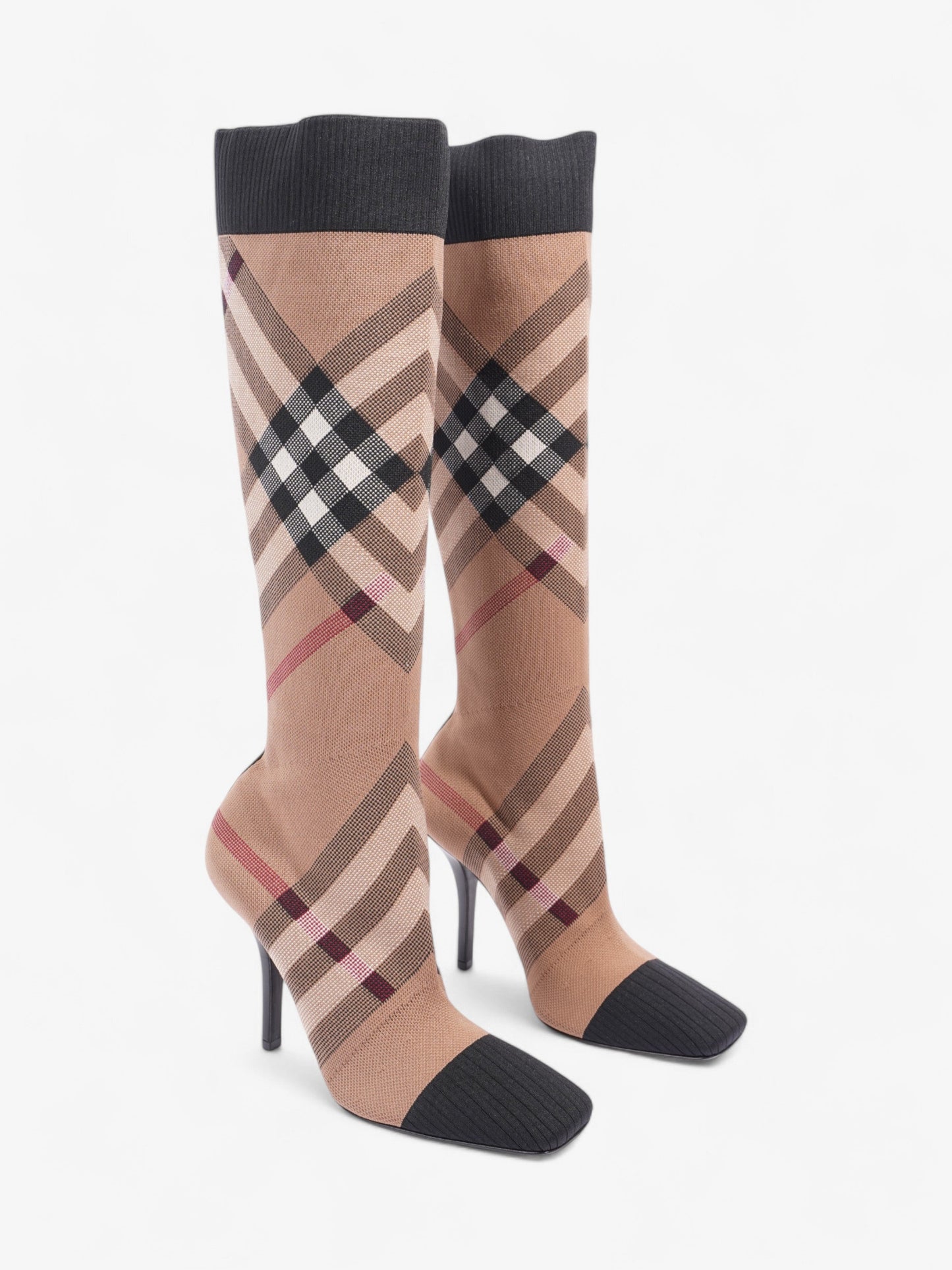 Burberry Vintage Check Sock Knee Boots 105 Brown / Black / White Fabric EU 37 UK 4