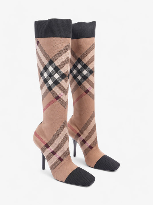 Burberry Vintage Check Sock Knee Boots 105 Brown / Black / White Fabric EU 37 UK 4
