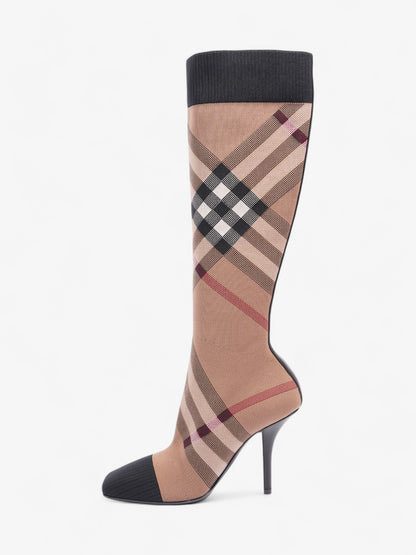 Burberry Vintage Check Sock Knee Boots 105 Brown / Black / White Fabric EU 37 UK 4