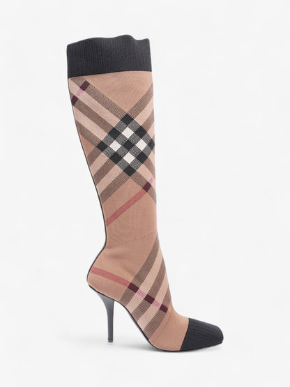 Burberry Vintage Check Sock Knee Boots 105 Brown / Black / White Fabric EU 37 UK 4