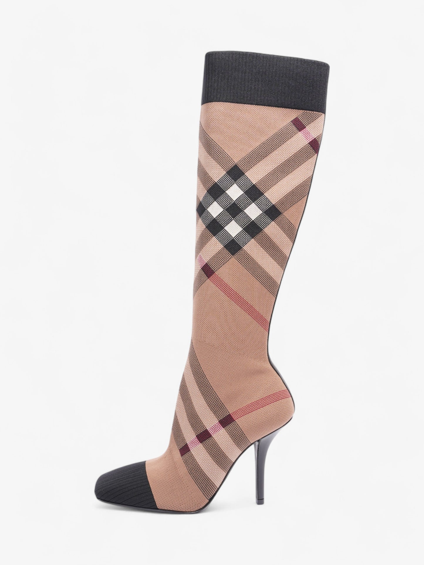 Burberry Vintage Check Sock Knee Boots 105 Brown / Black / White Fabric EU 37 UK 4