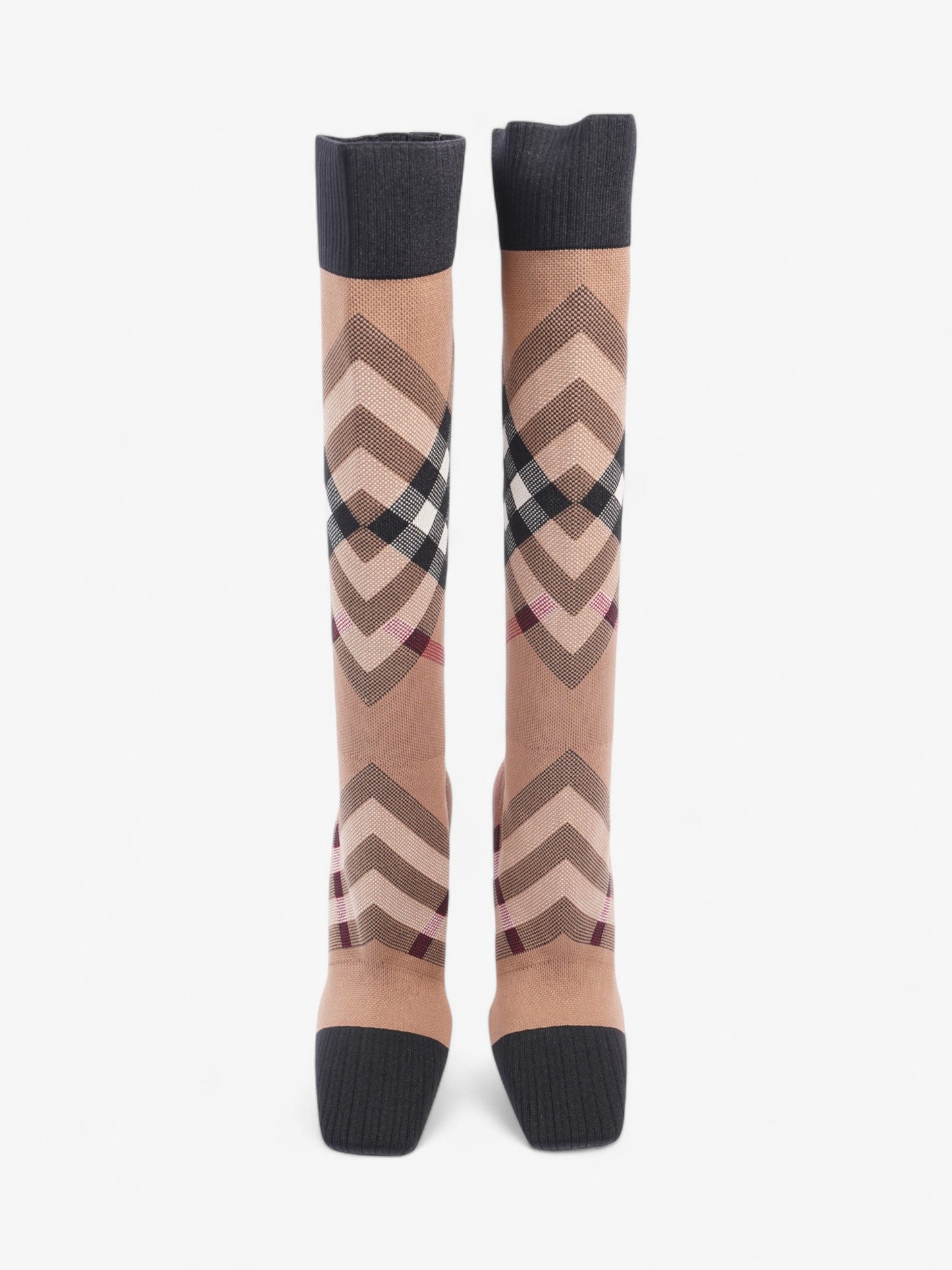 Burberry Vintage Check Sock Knee Boots 105 Brown / Black / White Fabric EU 37 UK 4